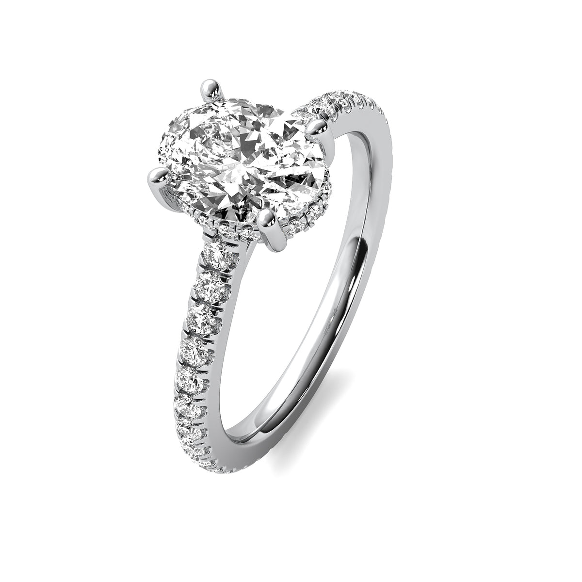 Ines Oval Solitaire with Hidden Halo and Accent Diamonds