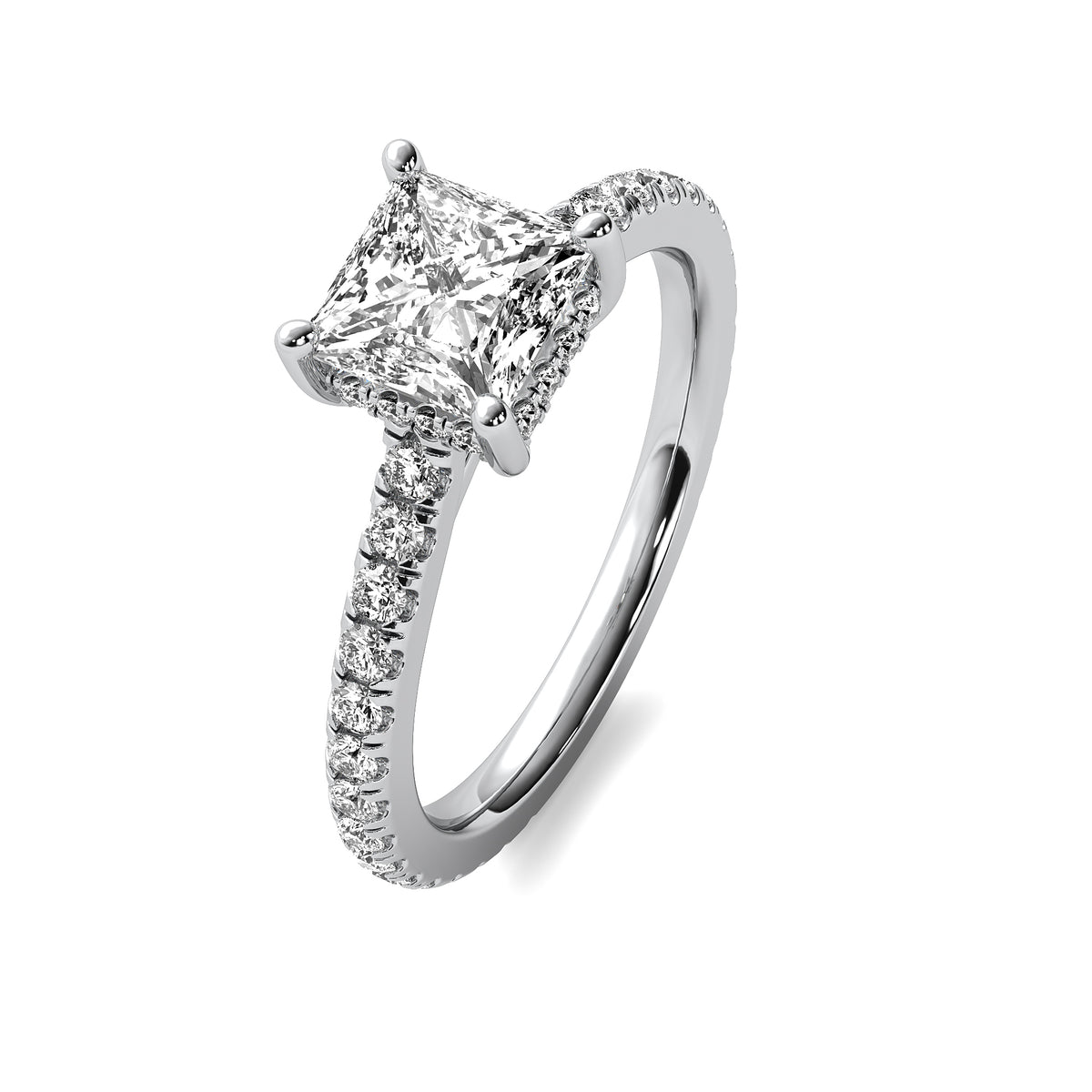 Solene Princess Solitaire with Hidden Halo and Accent Diamonds