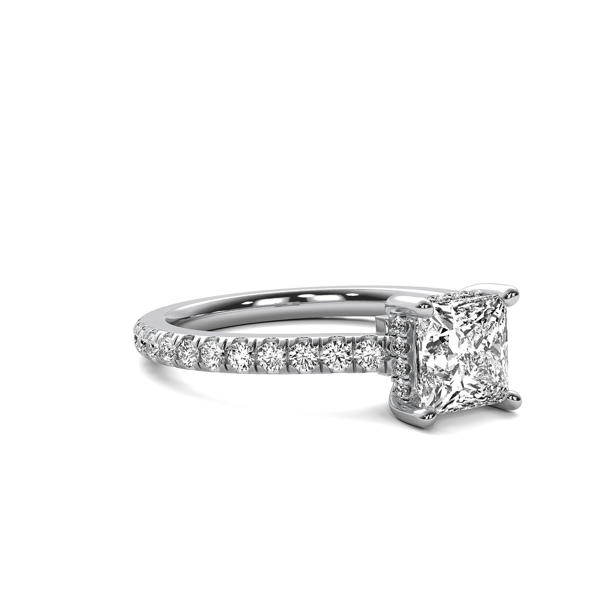 Solene Princess Solitaire with Hidden Halo and Accent Diamonds