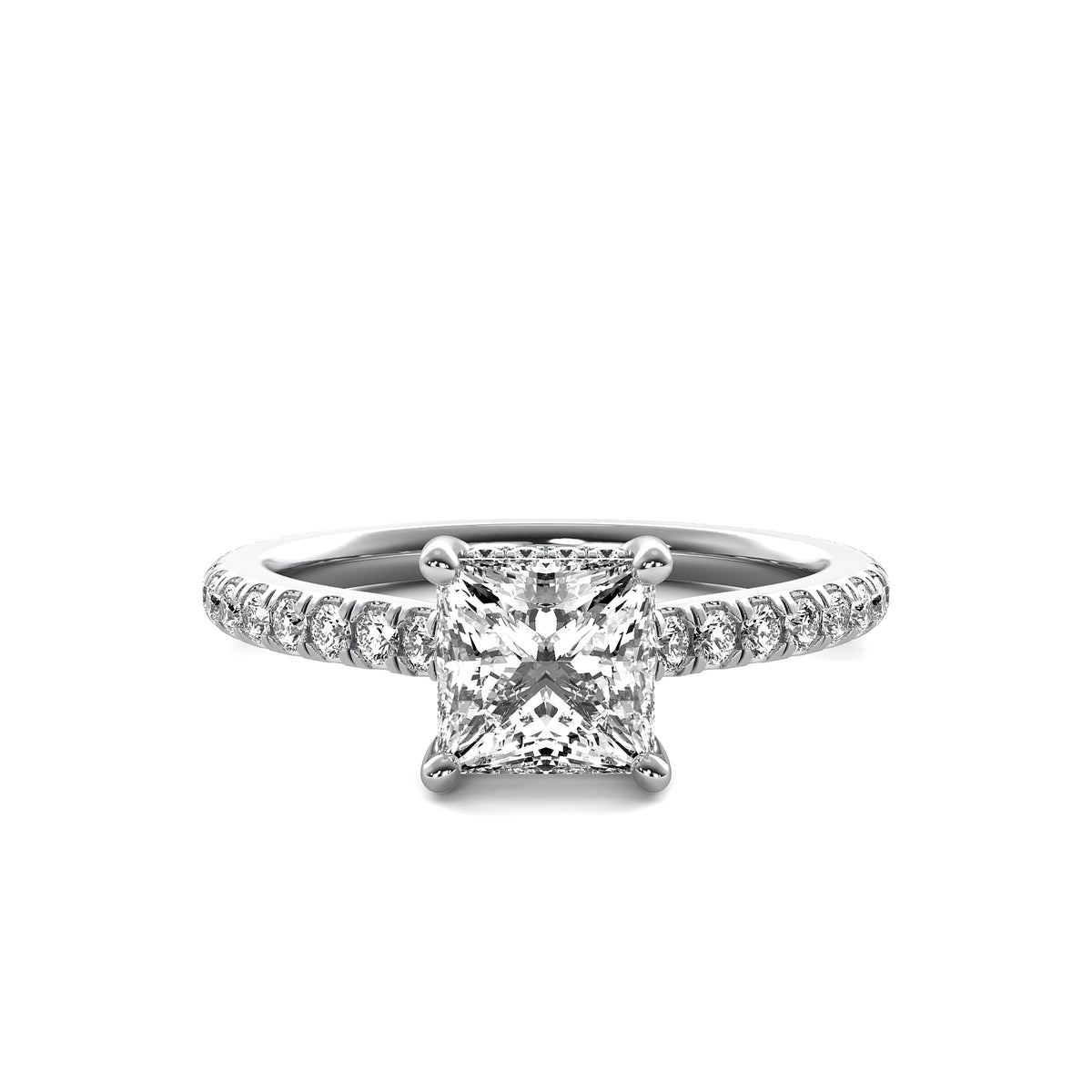 Solene Princess Solitaire with Hidden Halo and Accent Diamonds