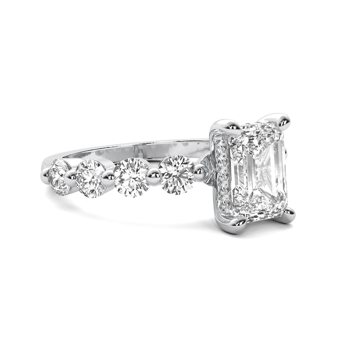 Evadne Emerald Solitaire with Hidden Halo and Half Round Accent Stones