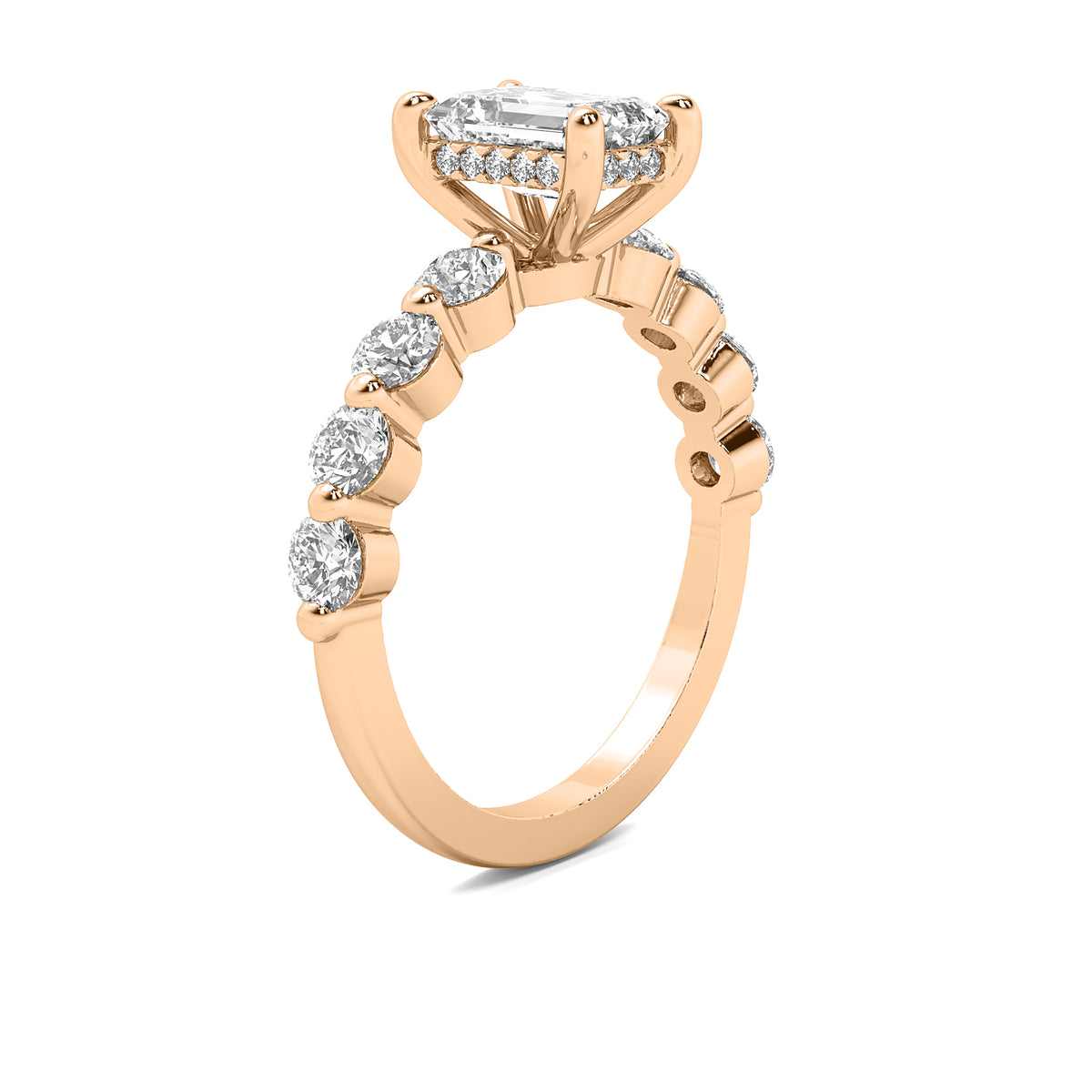 Evadne Emerald Solitaire with Hidden Halo and Half Round Accent Stones