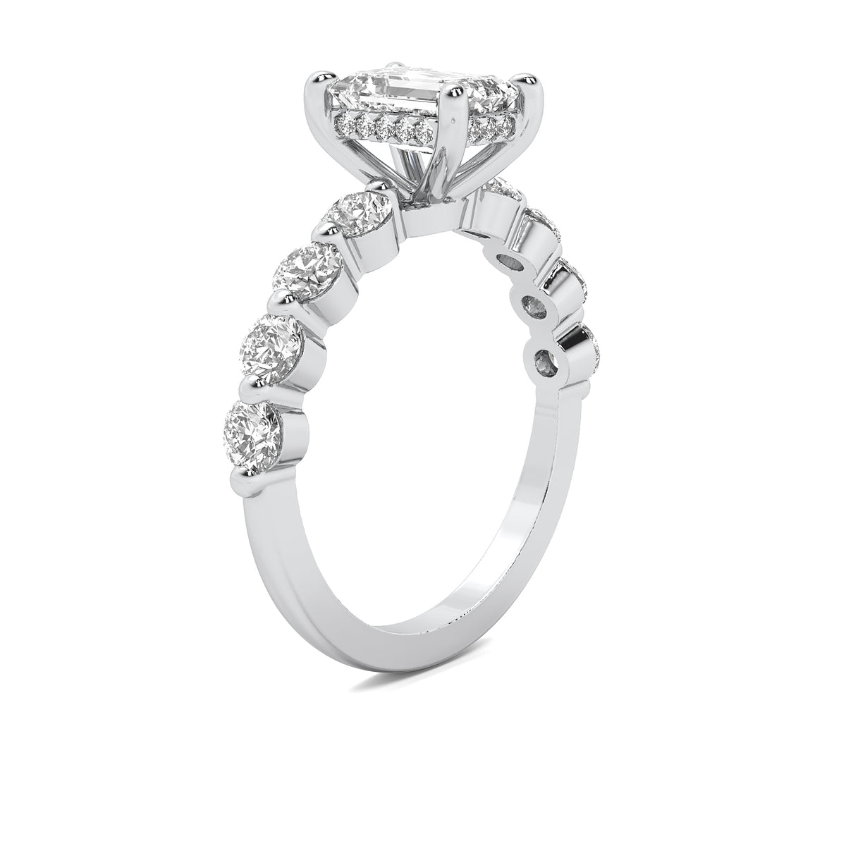 Evadne Emerald Solitaire with Hidden Halo and Half Round Accent Stones