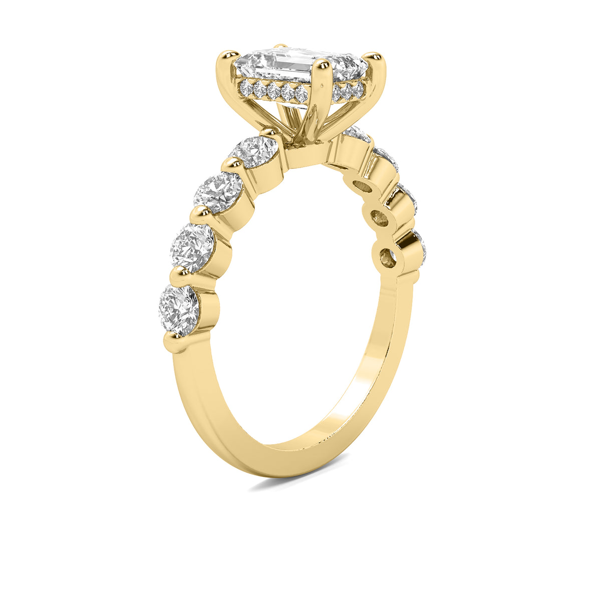 Evadne Emerald Solitaire with Hidden Halo and Half Round Accent Stones