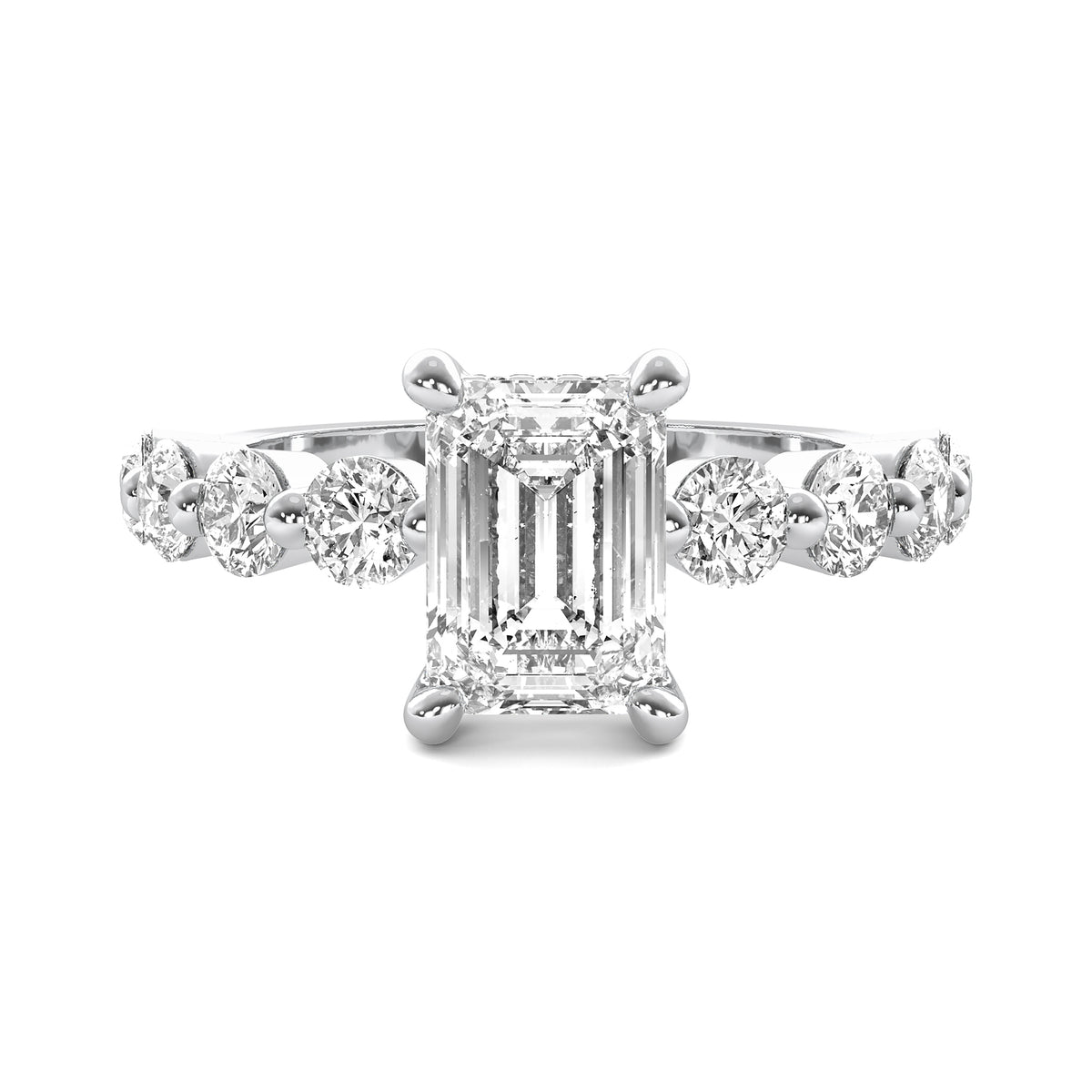 Evadne Emerald Solitaire with Hidden Halo and Half Round Accent Stones