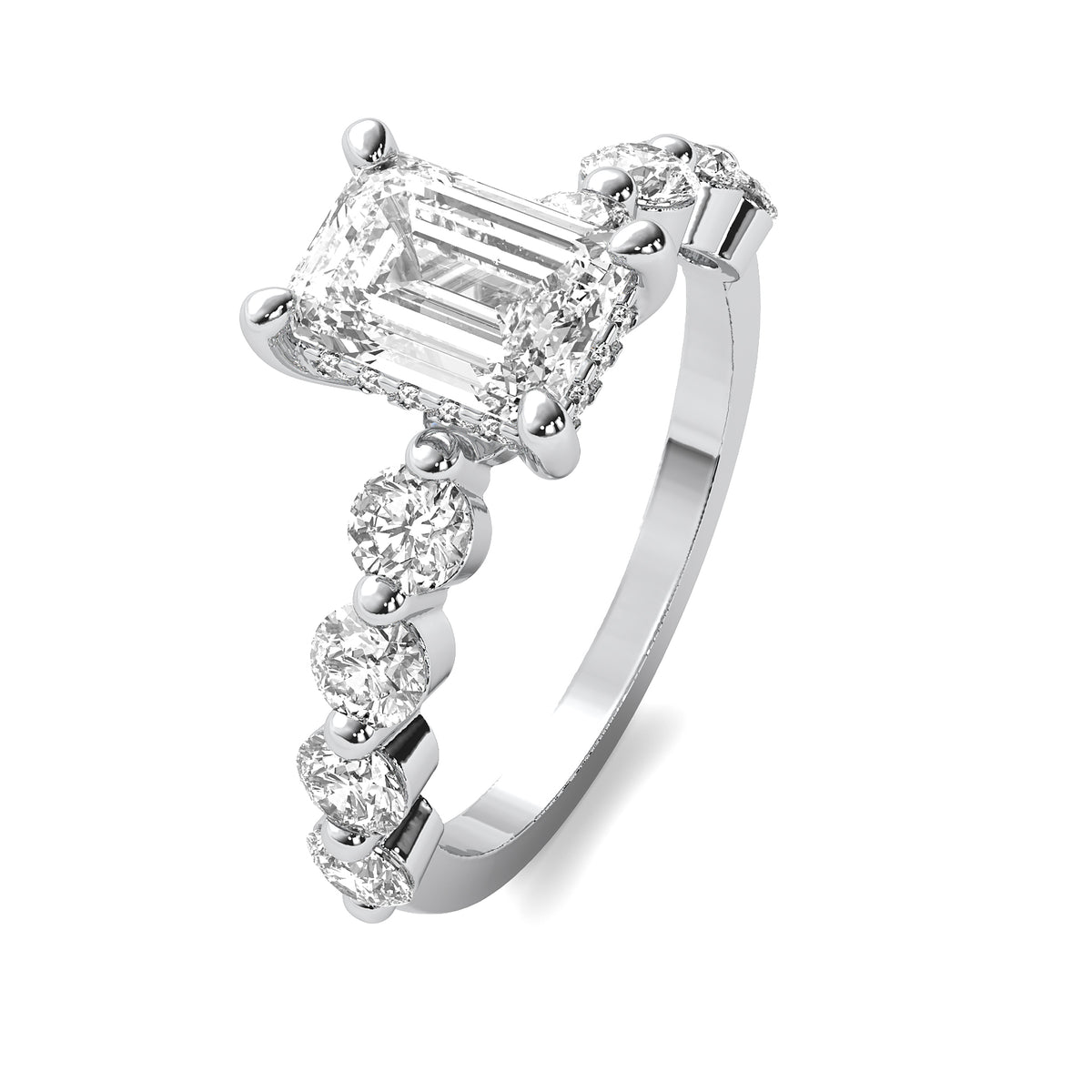 Evadne Emerald Solitaire with Hidden Halo and Half Round Accent Stones
