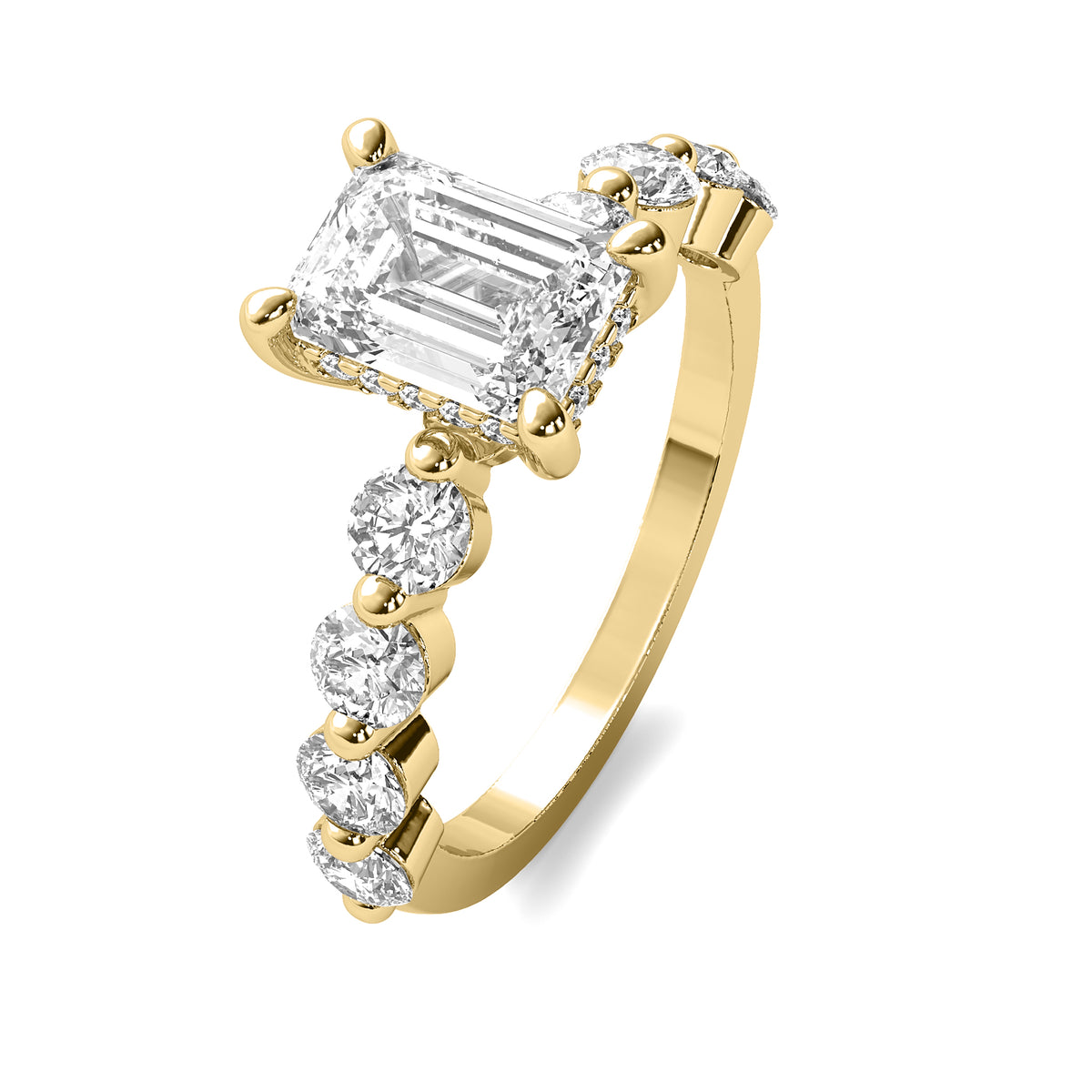 Evadne Emerald Solitaire with Hidden Halo and Half Round Accent Stones