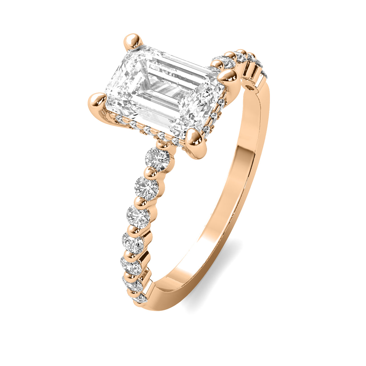 Evadne Emerald Solitaire with Hidden Halo and Half Round Accent Stones