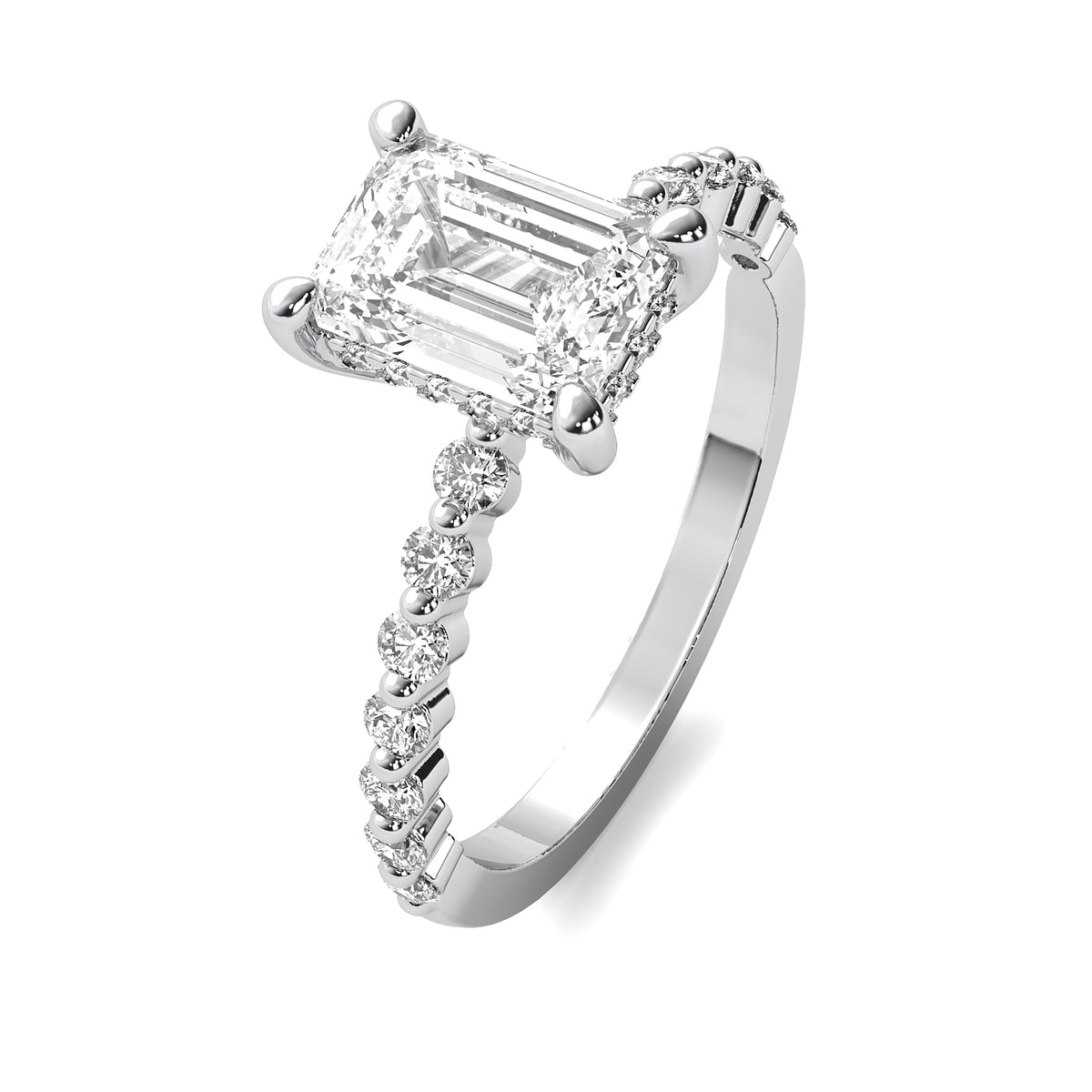 Evadne Emerald Solitaire with Hidden Halo and Half Round Accent Stones