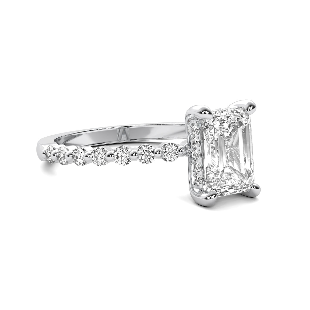 Evadne Emerald Solitaire with Hidden Halo and Half Round Accent Stones