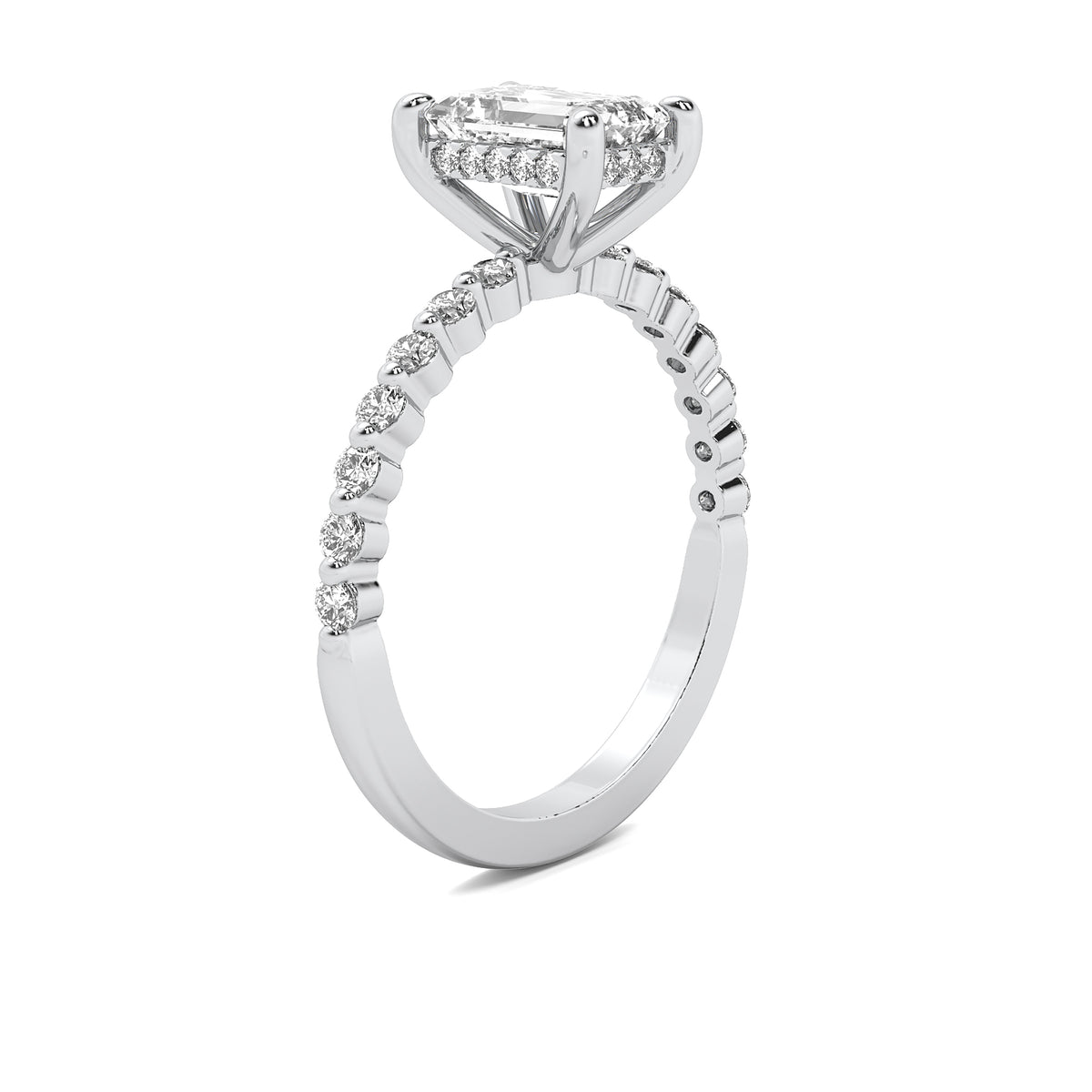 Evadne Emerald Solitaire with Hidden Halo and Half Round Accent Stones