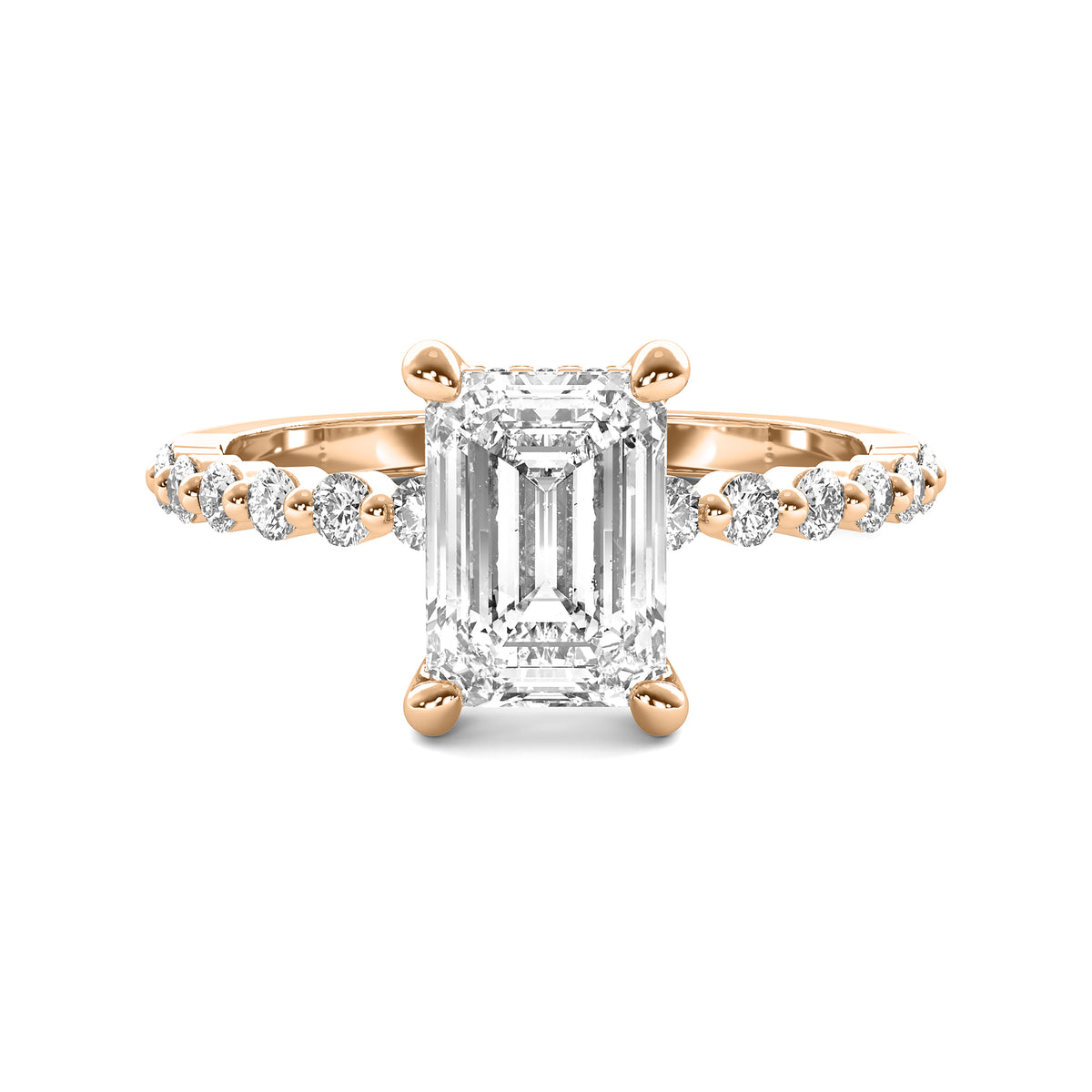 Evadne Emerald Solitaire with Hidden Halo and Half Round Accent Stones