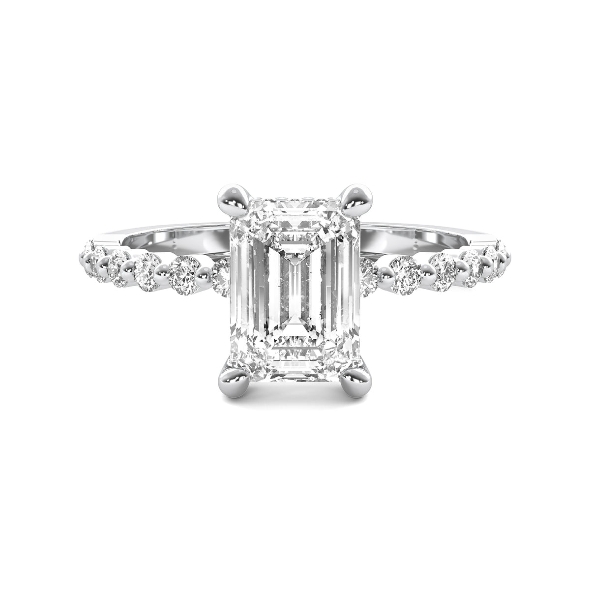 Evadne Emerald Solitaire with Hidden Halo and Half Round Accent Stones