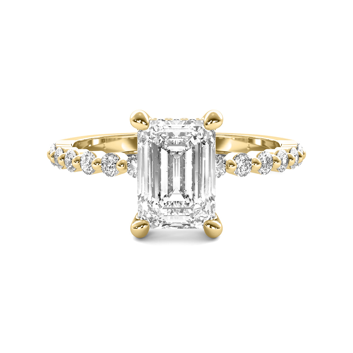 Evadne Emerald Solitaire with Hidden Halo and Half Round Accent Stones