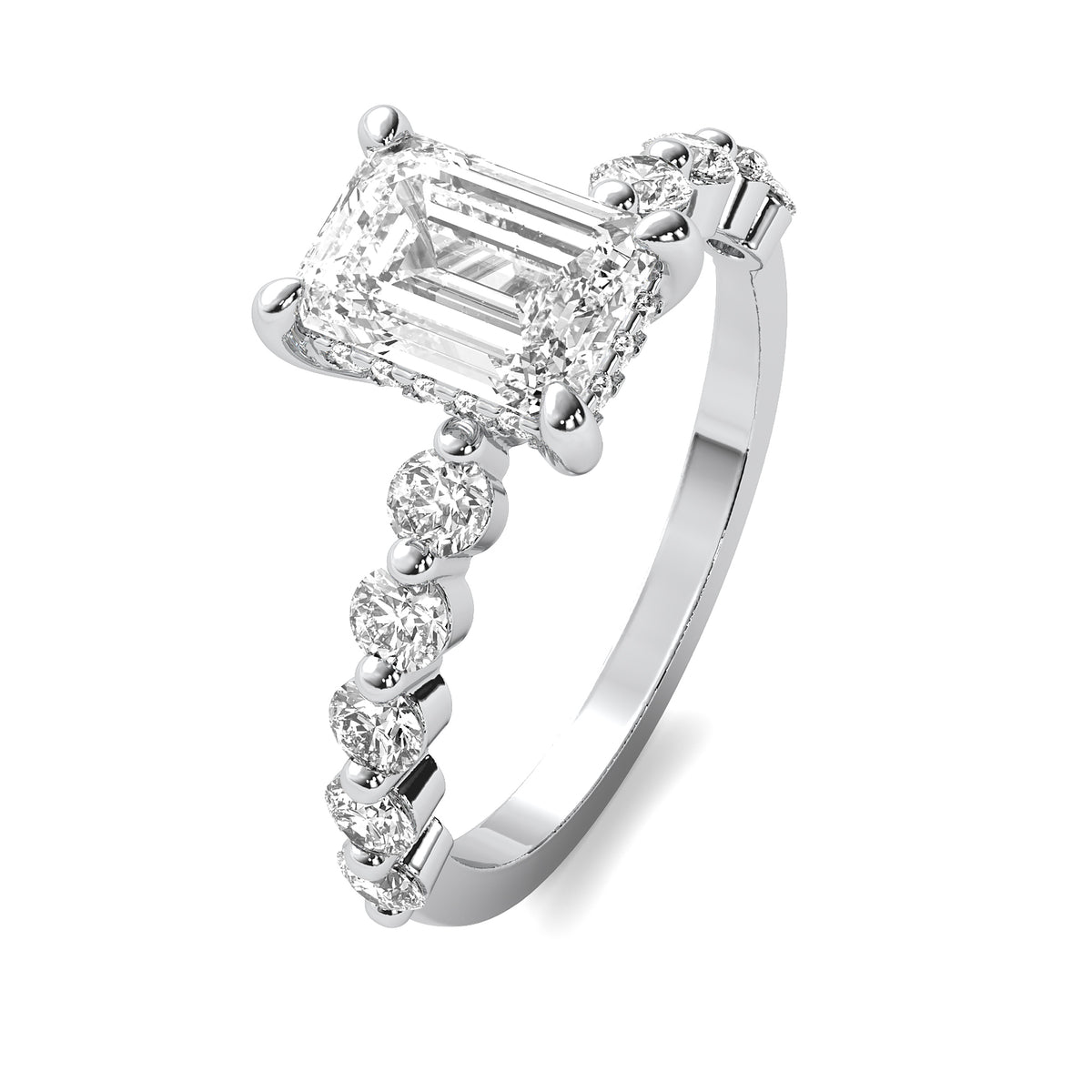 Evadne Emerald Solitaire with Hidden Halo and Half Round Accent Stones