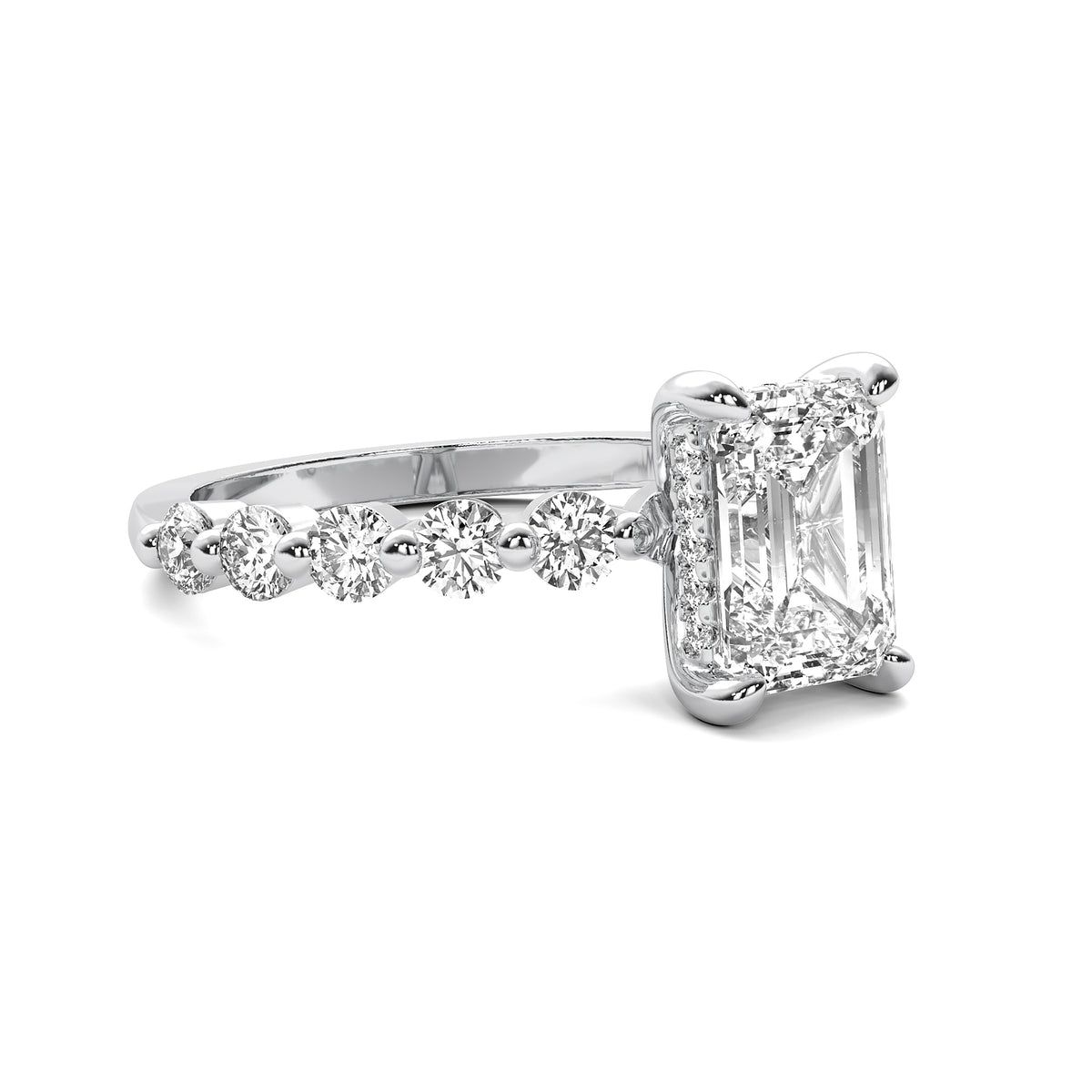 Evadne Emerald Solitaire with Hidden Halo and Half Round Accent Stones