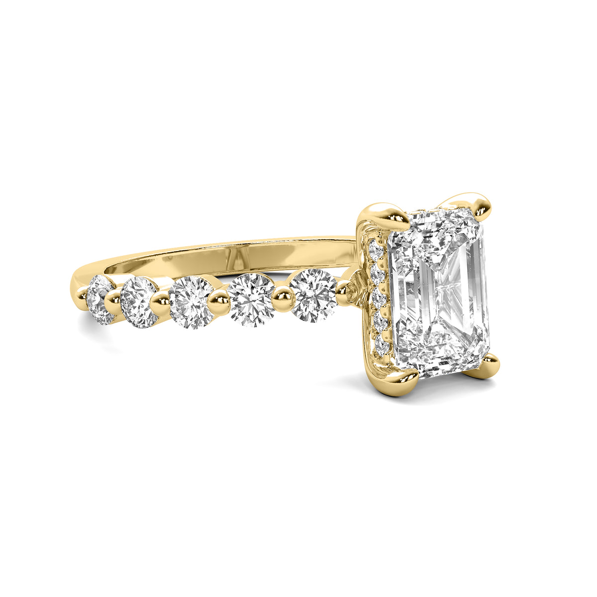 Evadne Emerald Solitaire with Hidden Halo and Half Round Accent Stones