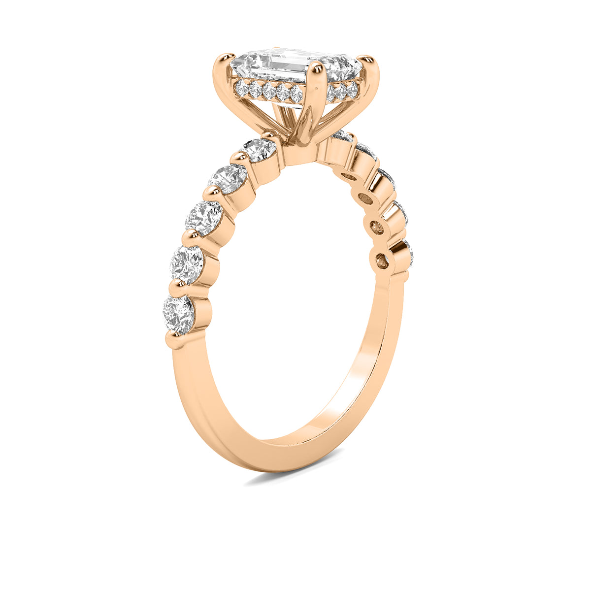 Evadne Emerald Solitaire with Hidden Halo and Half Round Accent Stones