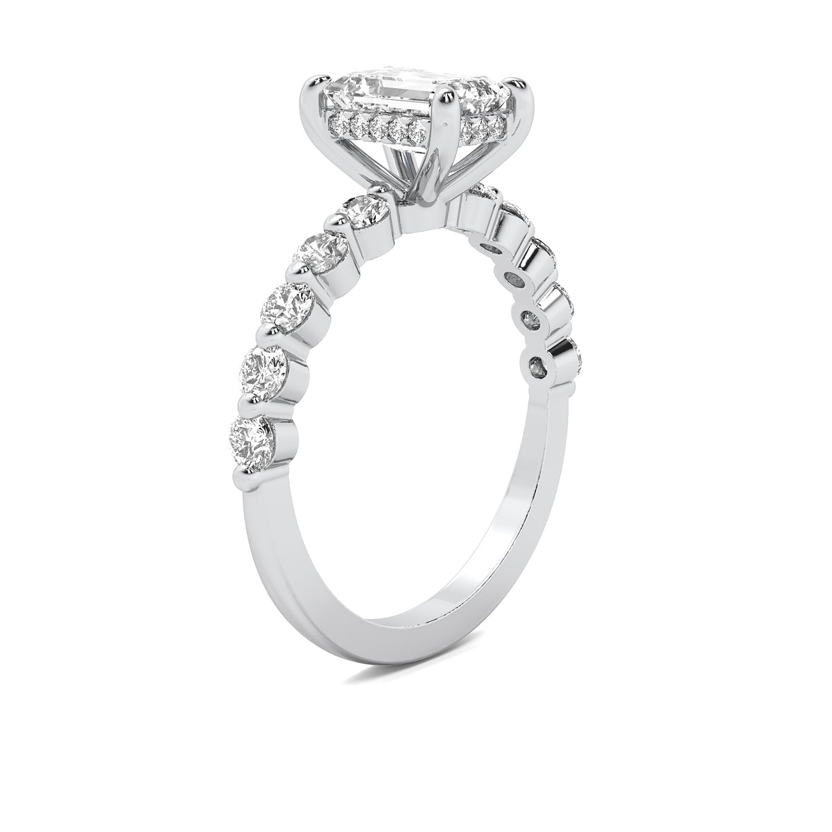 Evadne Emerald Solitaire with Hidden Halo and Half Round Accent Stones