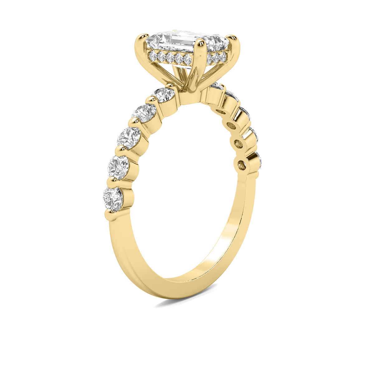 Evadne Emerald Solitaire with Hidden Halo and Half Round Accent Stones