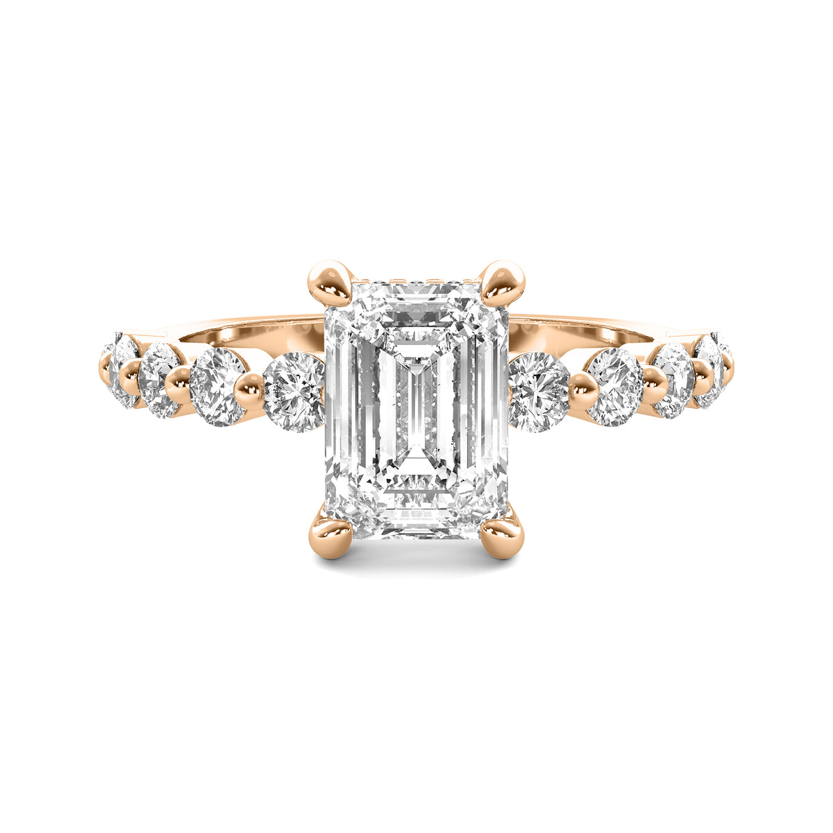 Evadne Emerald Solitaire with Hidden Halo and Half Round Accent Stones