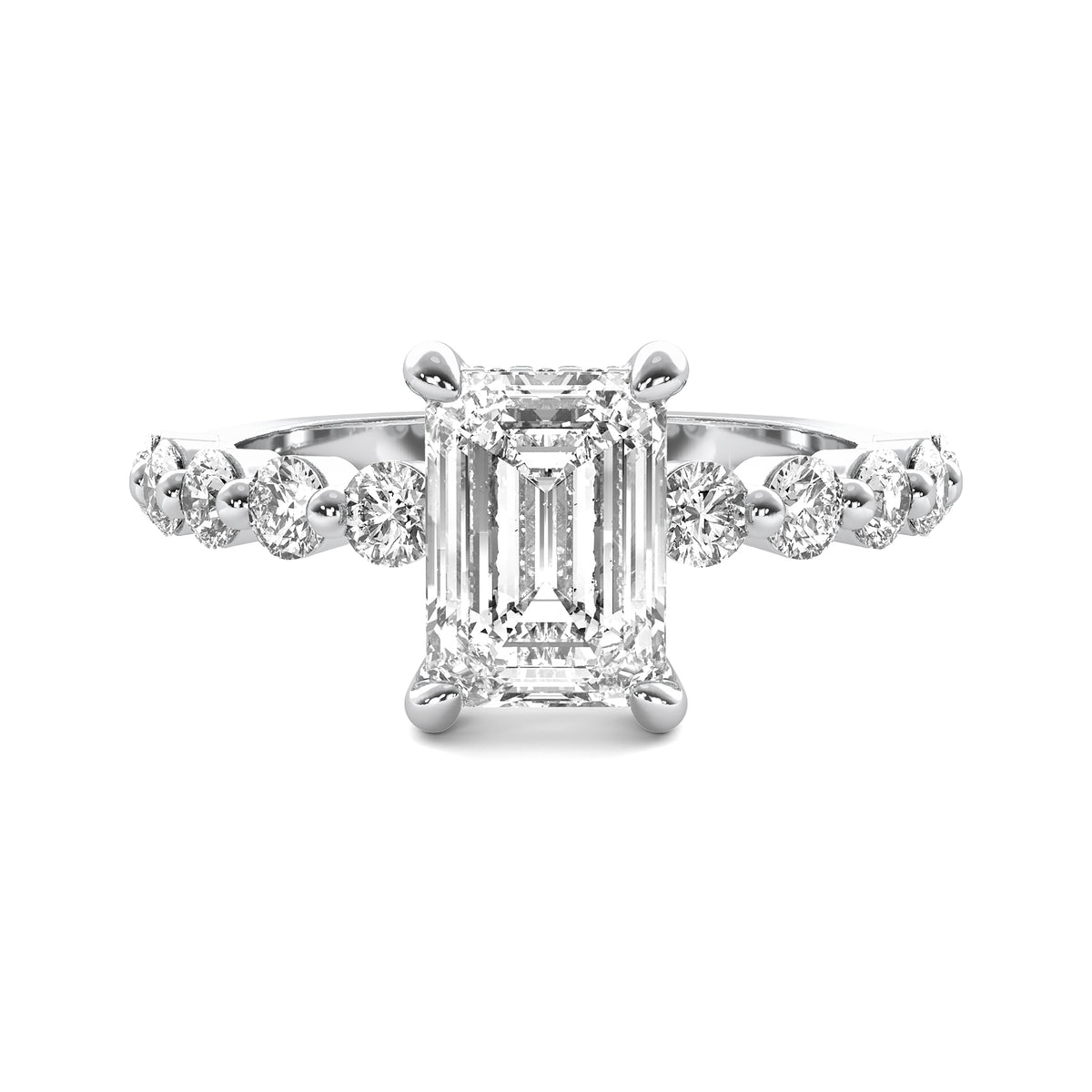 Evadne Emerald Solitaire with Hidden Halo and Half Round Accent Stones