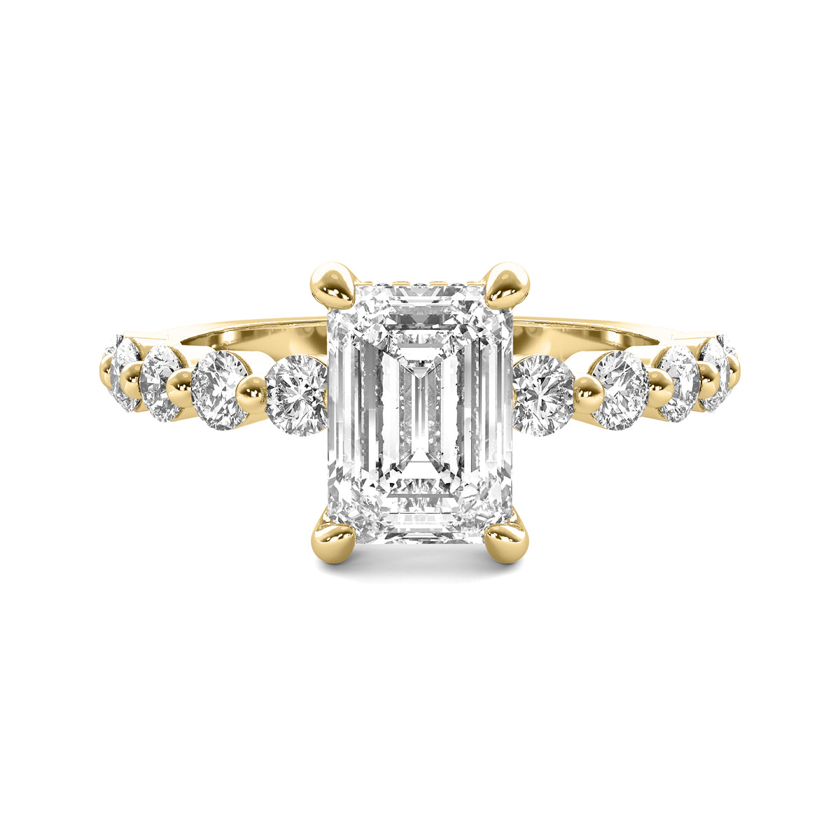 Evadne Emerald Solitaire with Hidden Halo and Half Round Accent Stones
