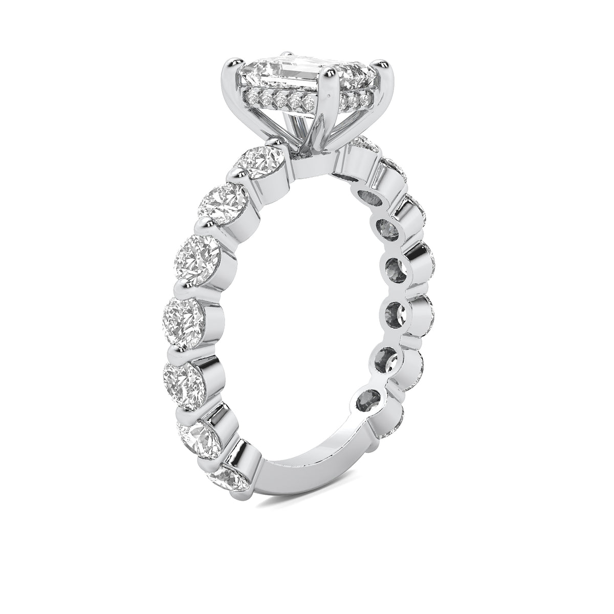 Evadne Emerald Solitaire with Hidden Halo and Full Round Accent Stones