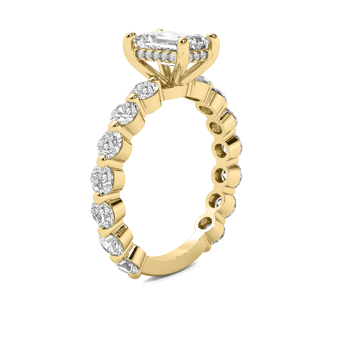 Evadne Emerald Solitaire with Hidden Halo and Full Round Accent Stones