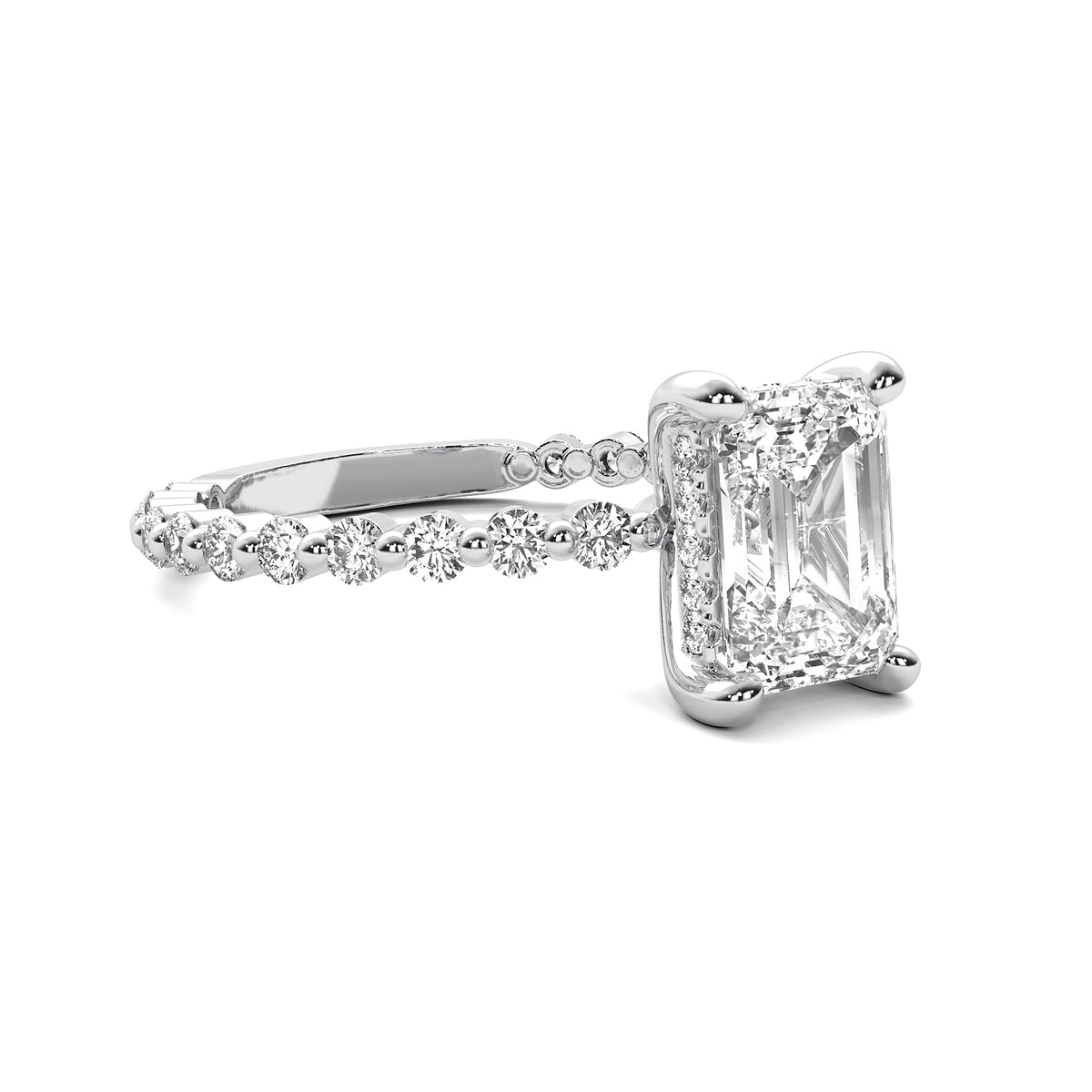 Evadne Emerald Solitaire with Hidden Halo and Full Round Accent Stones