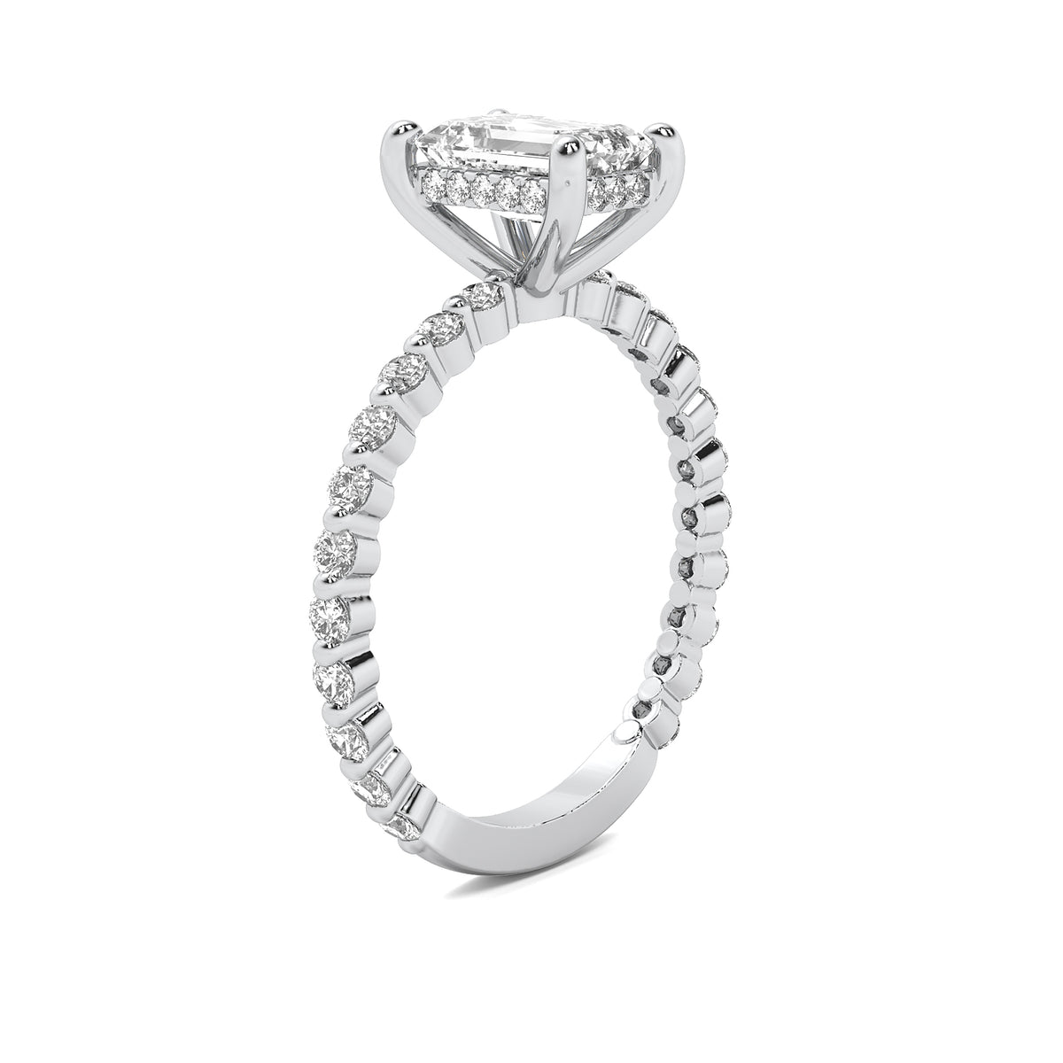 Evadne Emerald Solitaire with Hidden Halo and Full Round Accent Stones