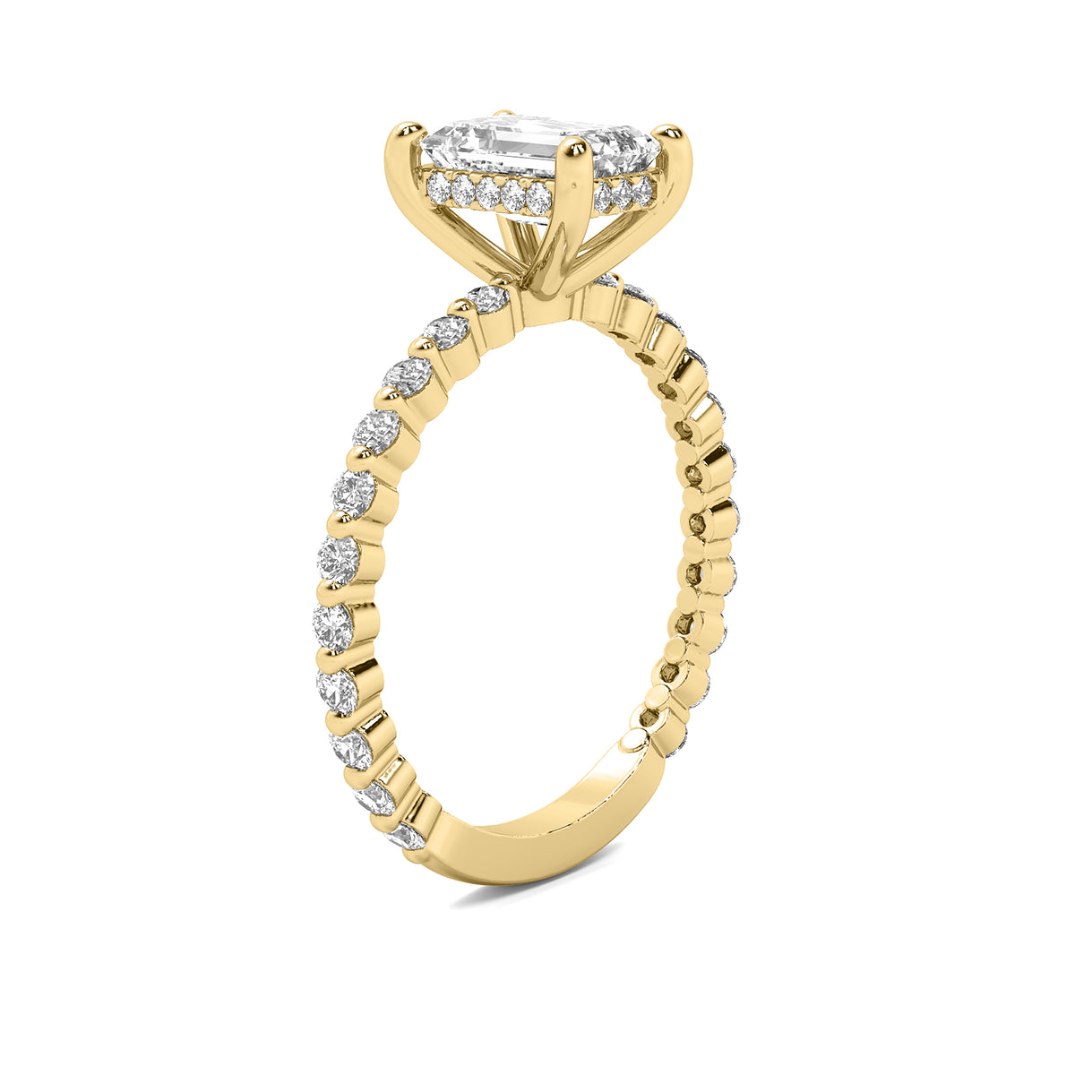 Evadne Emerald Solitaire with Hidden Halo and Full Round Accent Stones