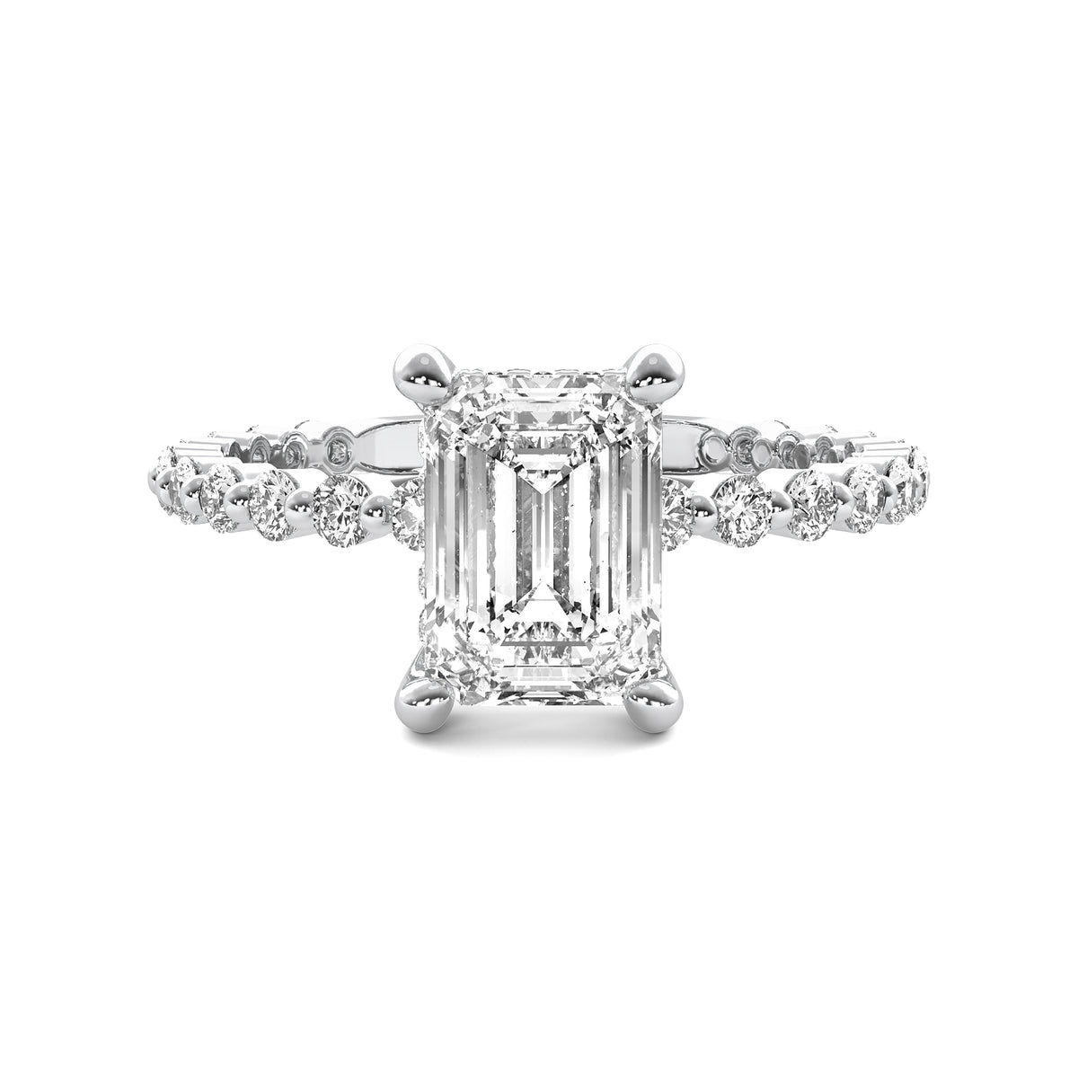 Evadne Emerald Solitaire with Hidden Halo and Full Round Accent Stones