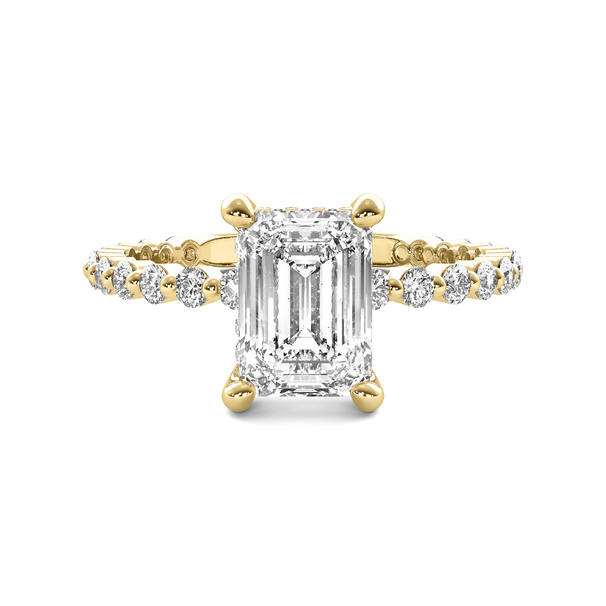 Evadne Emerald Solitaire with Hidden Halo and Full Round Accent Stones