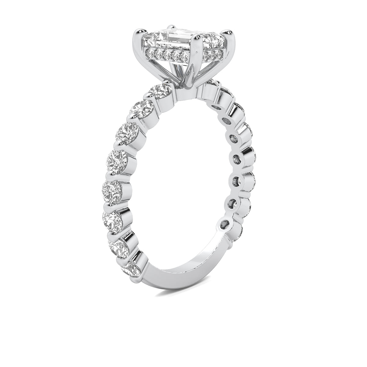 Evadne Emerald Solitaire with Hidden Halo and Full Round Accent Stones