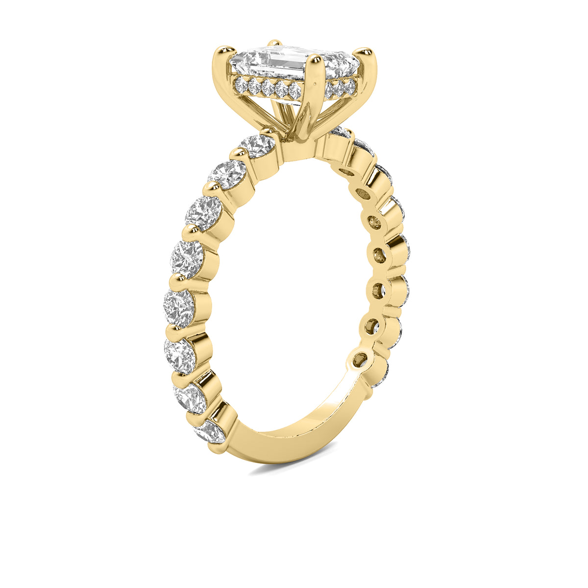 Evadne Emerald Solitaire with Hidden Halo and Full Round Accent Stones