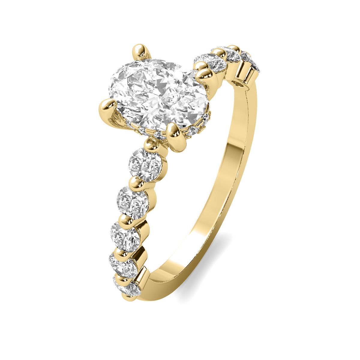 Soraya Oval Solitaire with Hidden Halo and Half Round Accent Stones