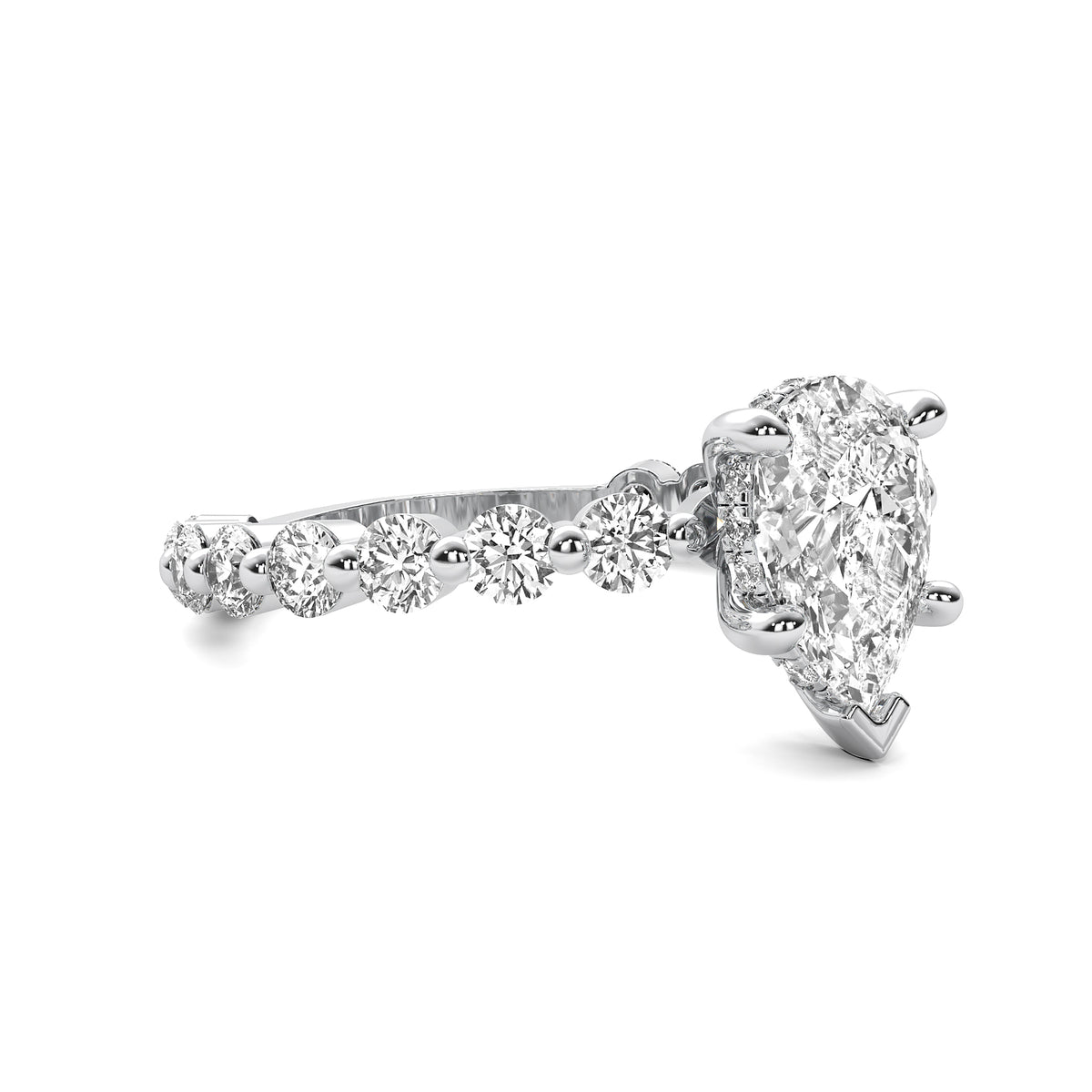 Lucienne Pear Solitaire with Hidden Halo and Full Round Accent Stones