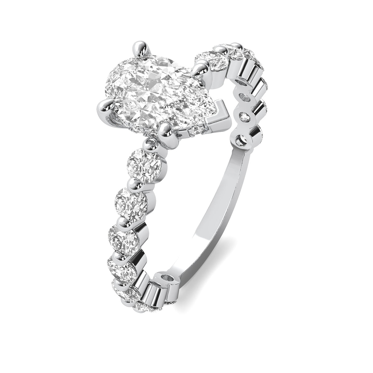 Lucienne Pear Solitaire with Hidden Halo and Full Round Accent Stones