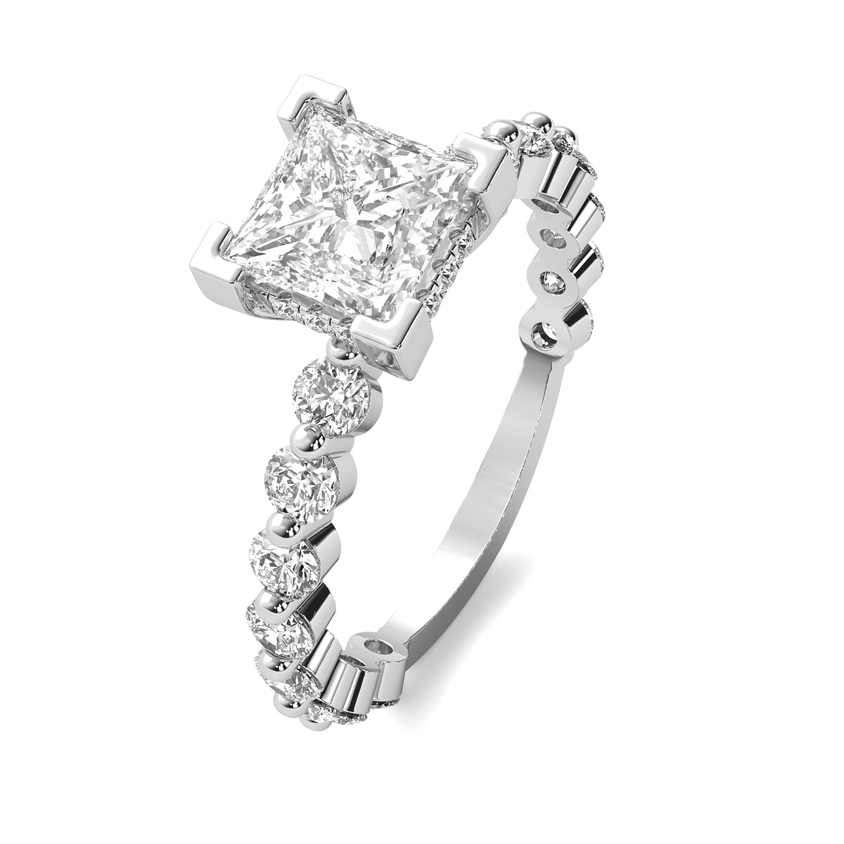 Alouette Princess Solitaire with Hidden Halo and Full Round Accent Stones