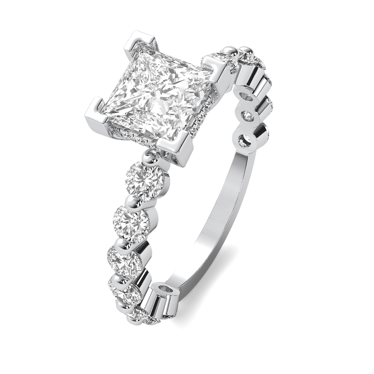 Alouette Princess Solitaire with Hidden Halo and Full Round Accent Stones